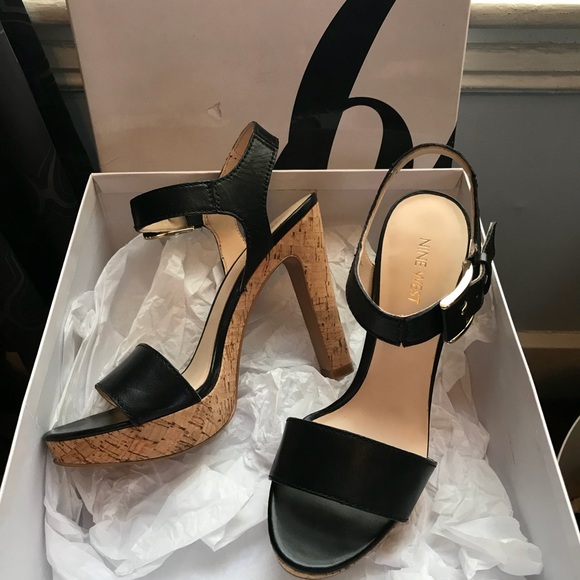 Nine West Elenny Black Leather/Cork Heels Size 8 - Picture 5 of 8